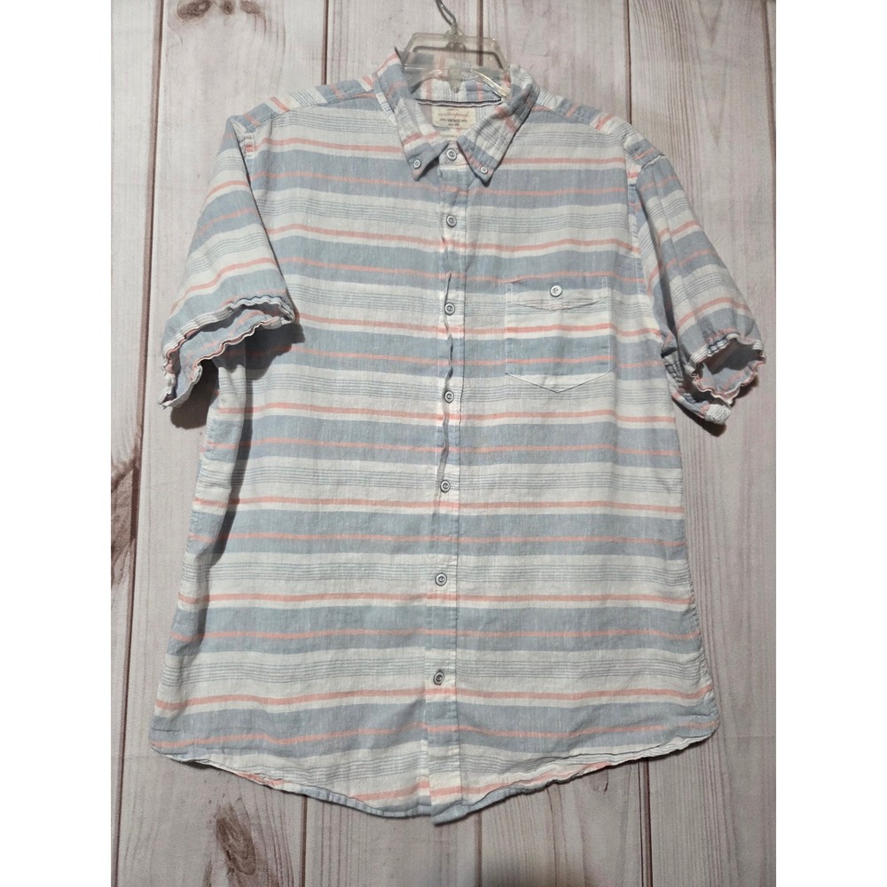 Weatherproof‎ Vintage Men Large Blue Coral Stripe Linen Blend Short Sleeve Shirt